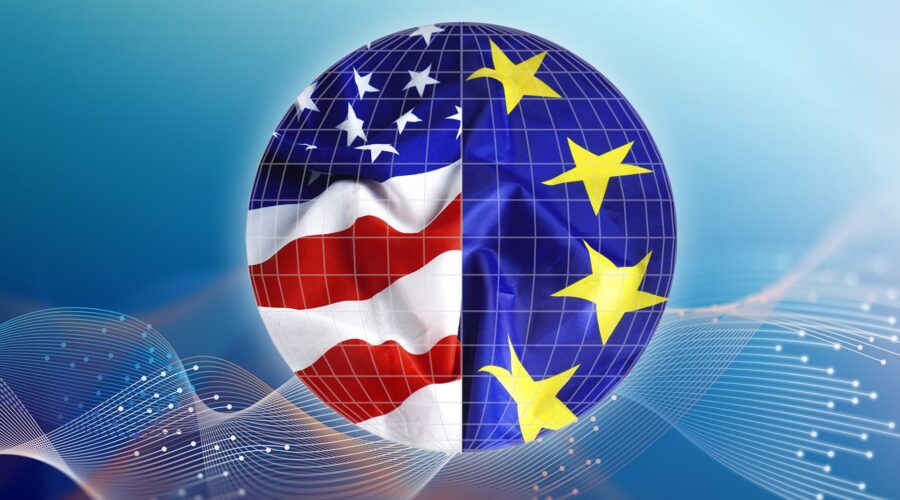 A sphere with the USA and EU flag merged together.