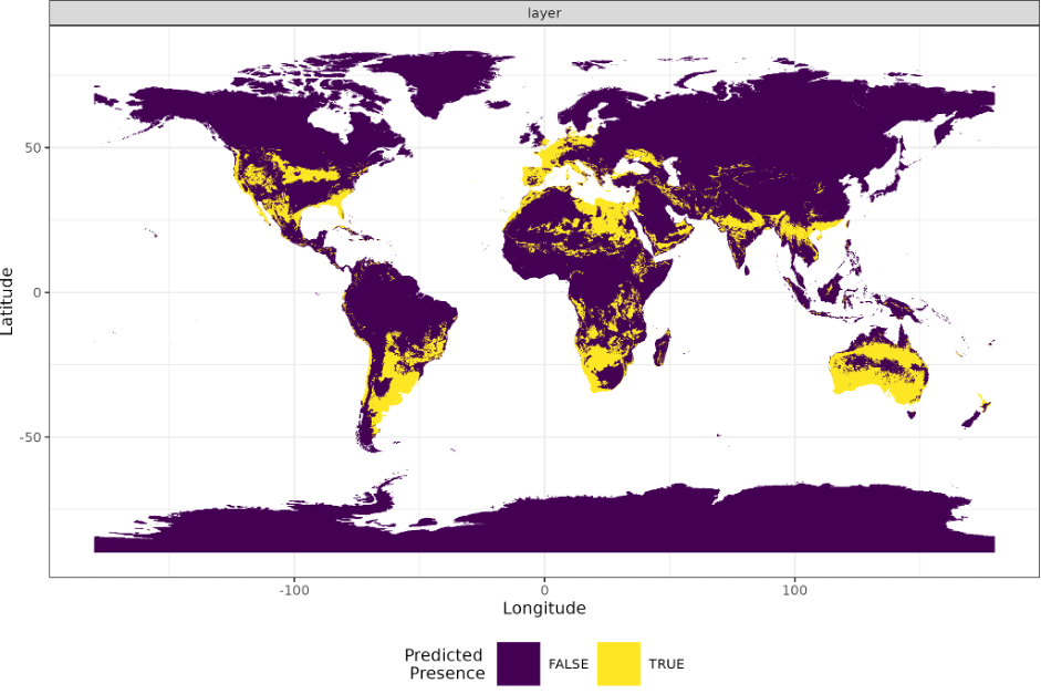 Figure 1: Predicted habitat suitability map of Lathyrus latifolius (everlasting pea) generated by the CWR digital twin.